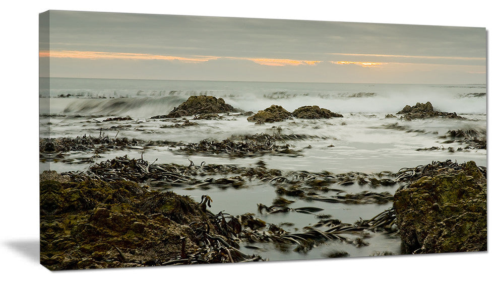 "Gloomy Sunset Over Rocks And Waves" Seashore Canvas Wall Art, 32"x16"