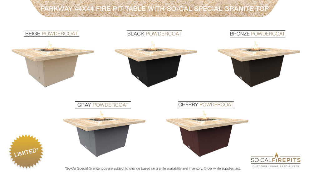 Square Fire Pit Table, 44x44, Chat Height, Propane, So Cal Special Top, Beige