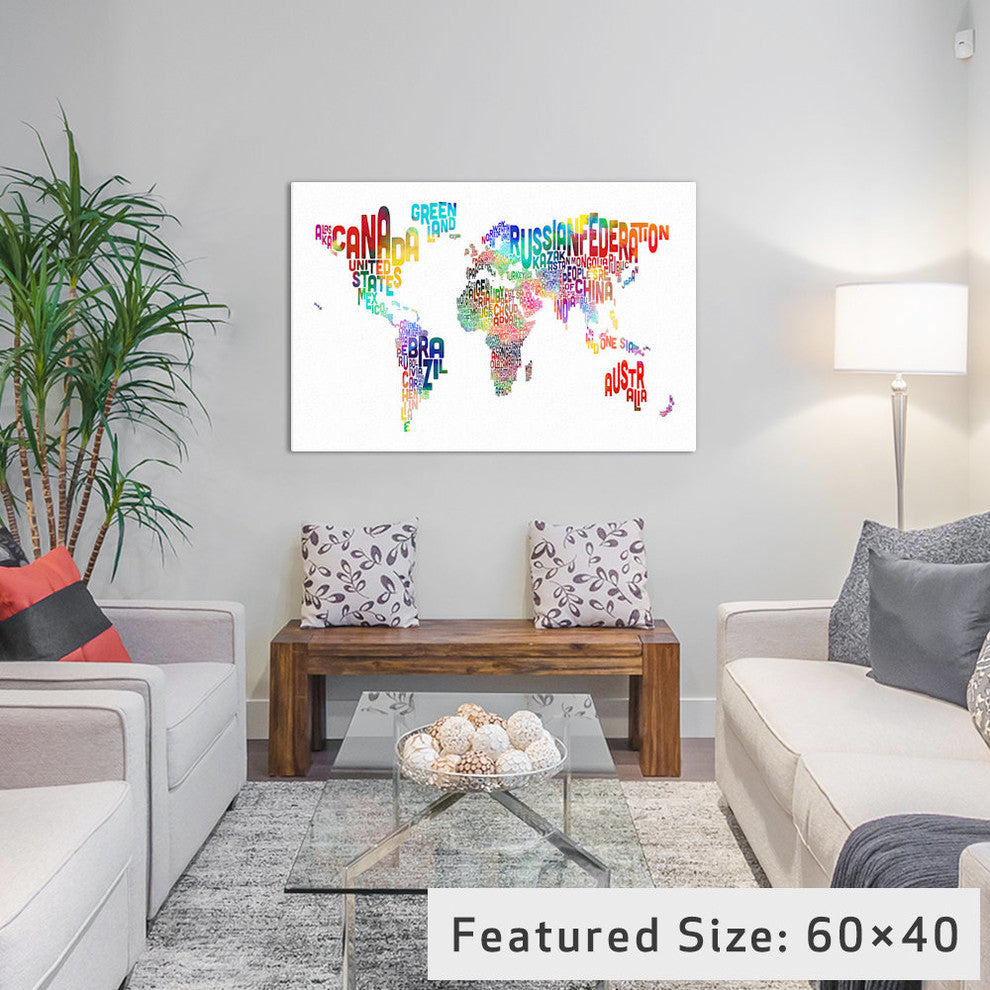"World, Countries Typographic Map" Wrapped Canvas Print, 18x12x1.5