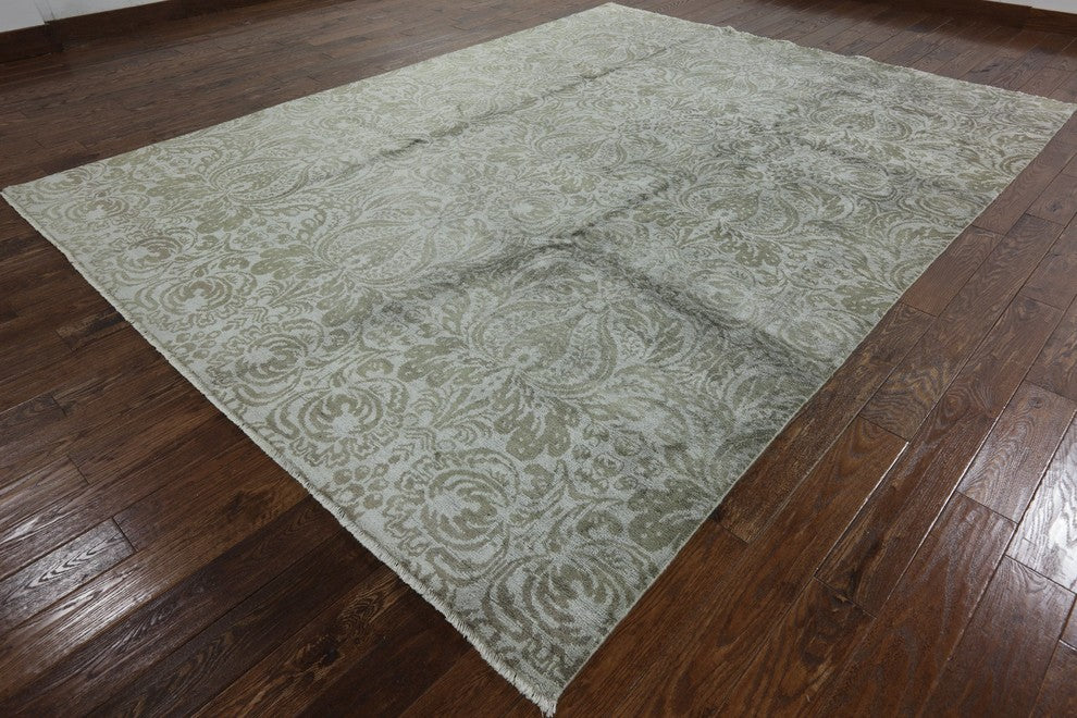 Handmade Ivory Silk Floral Hand-Knotted Oriental Rug, 9'x12'