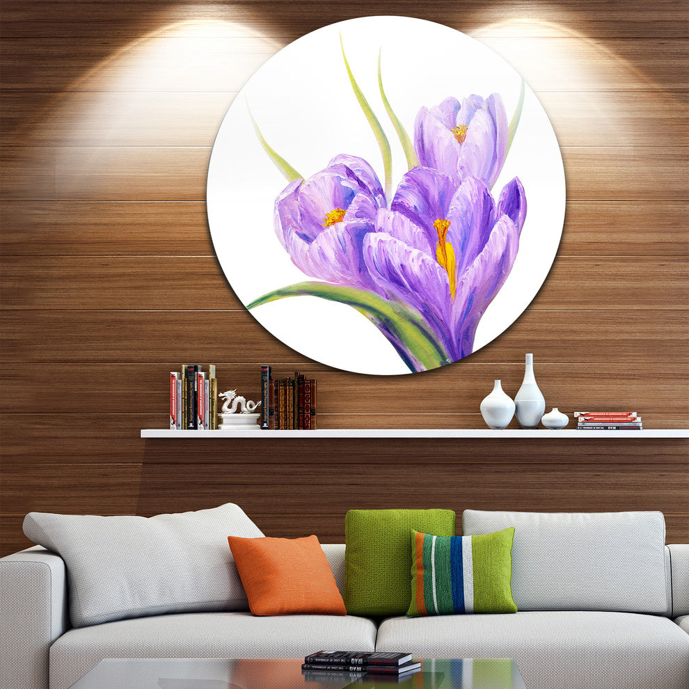 Crocuses In White Background, Floral Disc Metal Artwork, 36"