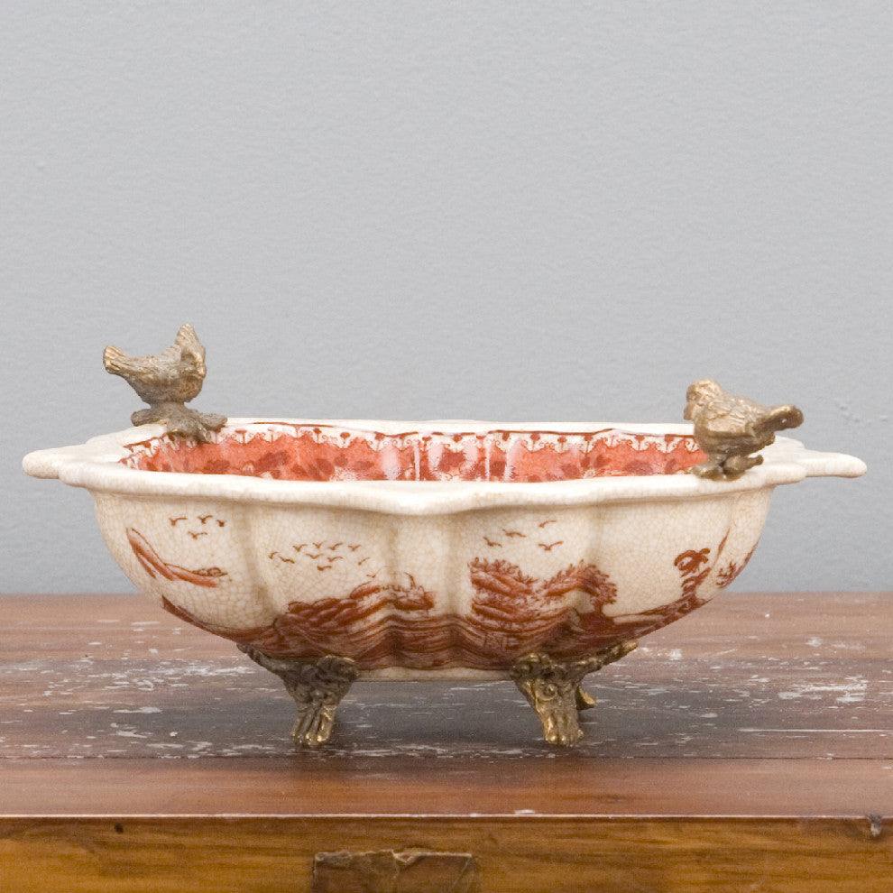Platter with bronze birds accent- red and white