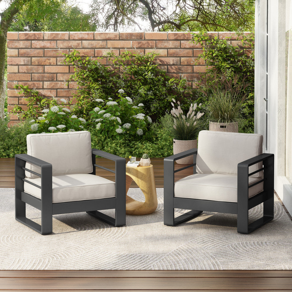 Gadd Outdoor Aluminum Club Chair with Cushions, Black/Beige, Set of 2