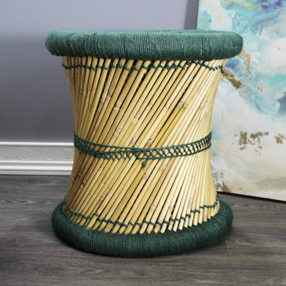 Natural Geo Moray Decorative Handwoven Jute Accent Stool, Set of 2, Green