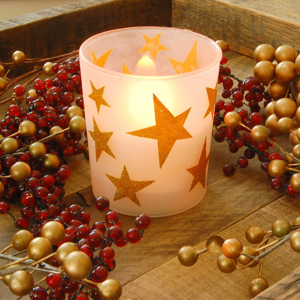 Battery Operated LED Wax Candles in Glass Holders, Gold Stars, Set of 2