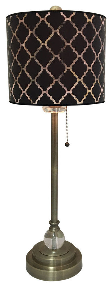 28" Crystal Buffet Lamp With Black Moroccan Tile Shade, Antique Brass, Single