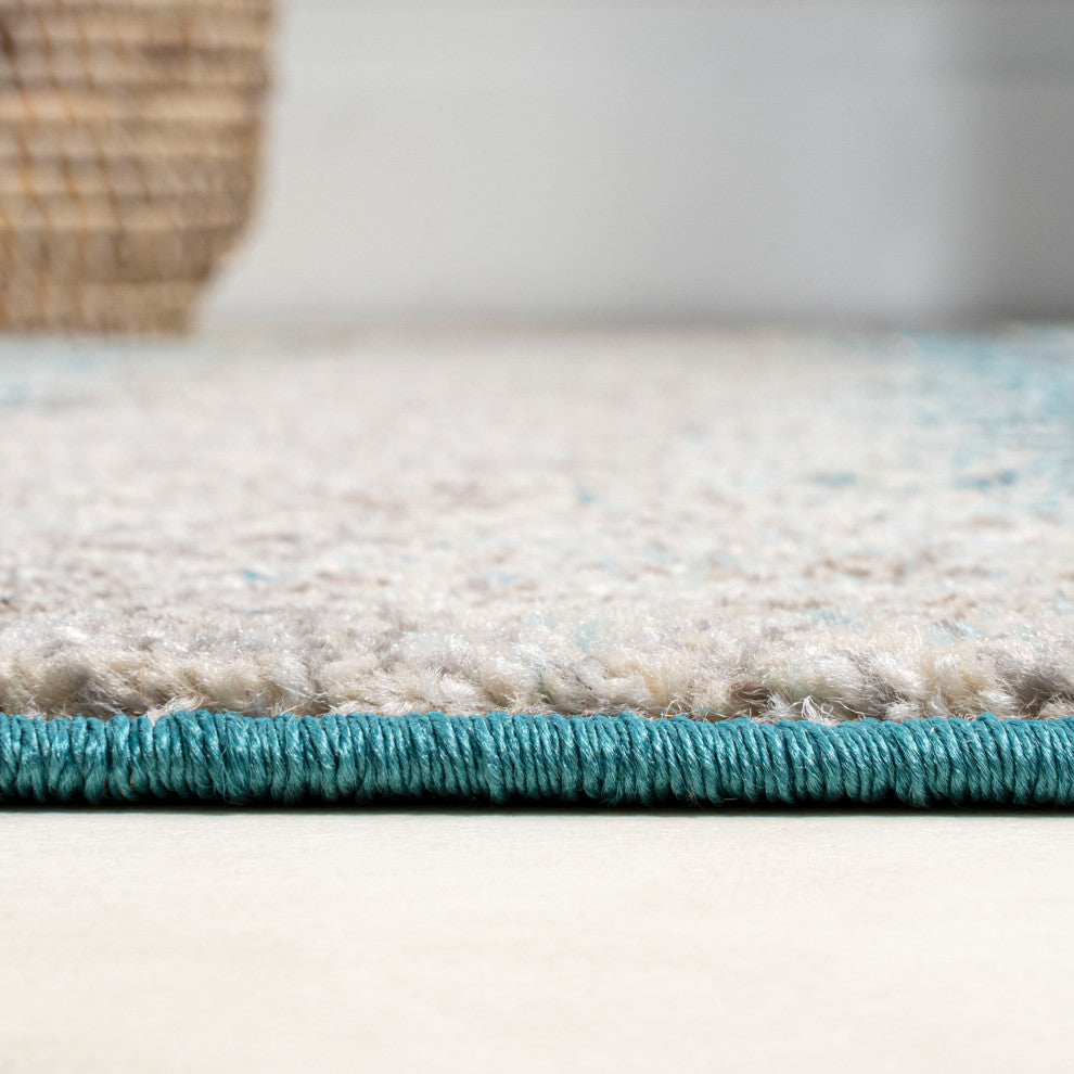 Contemporary POP Modern Abstract Vintage Area Rug, Cream and Turquoise, 8x10