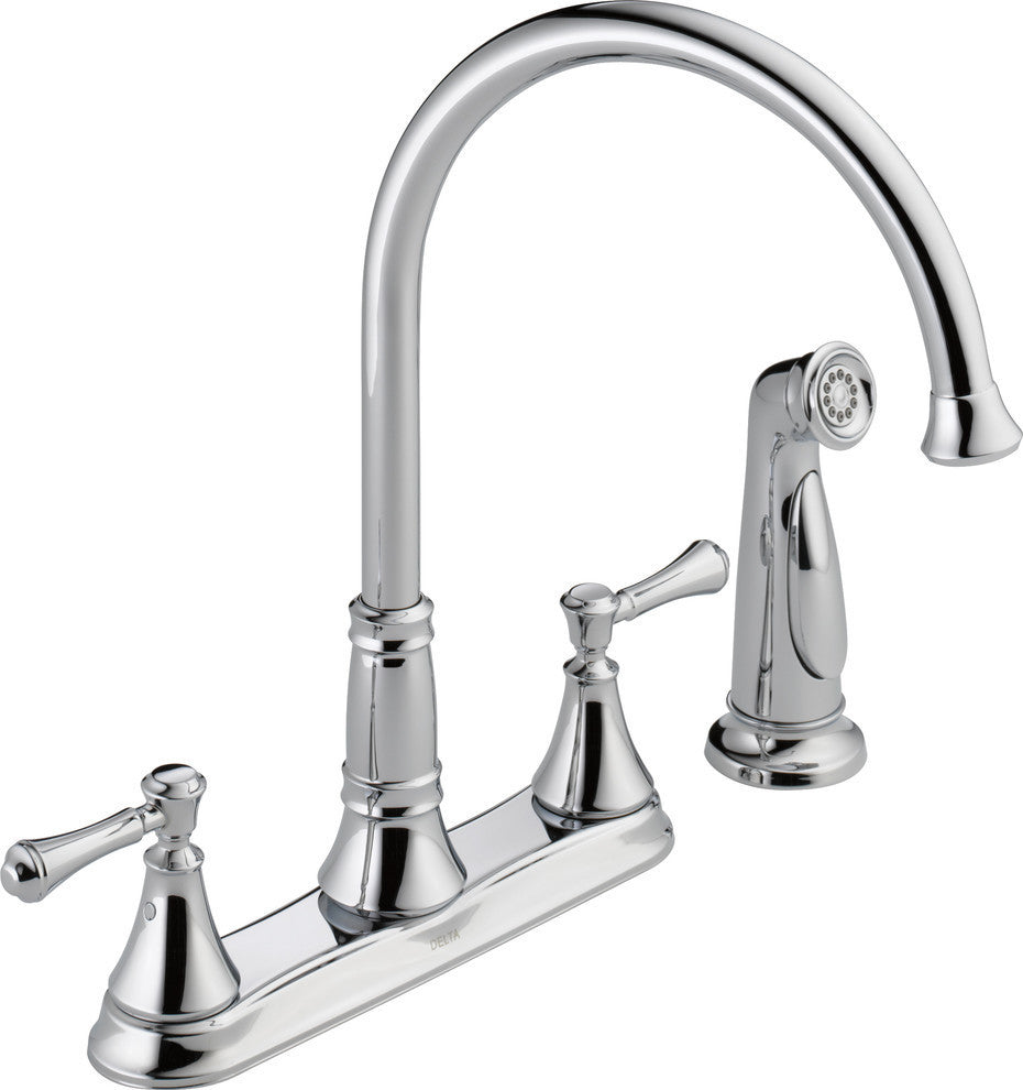 Delta Cassidy Two Handle Kitchen Faucet With Spray, Chrome, 2497LF