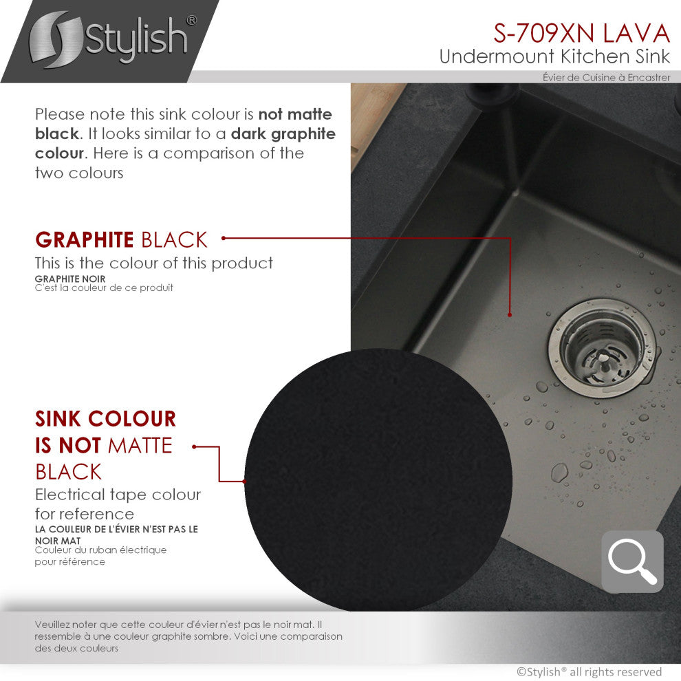 STYLISH 16in Graphite Black Single Bowl Undermount Stainless Steel Kitchen Sink