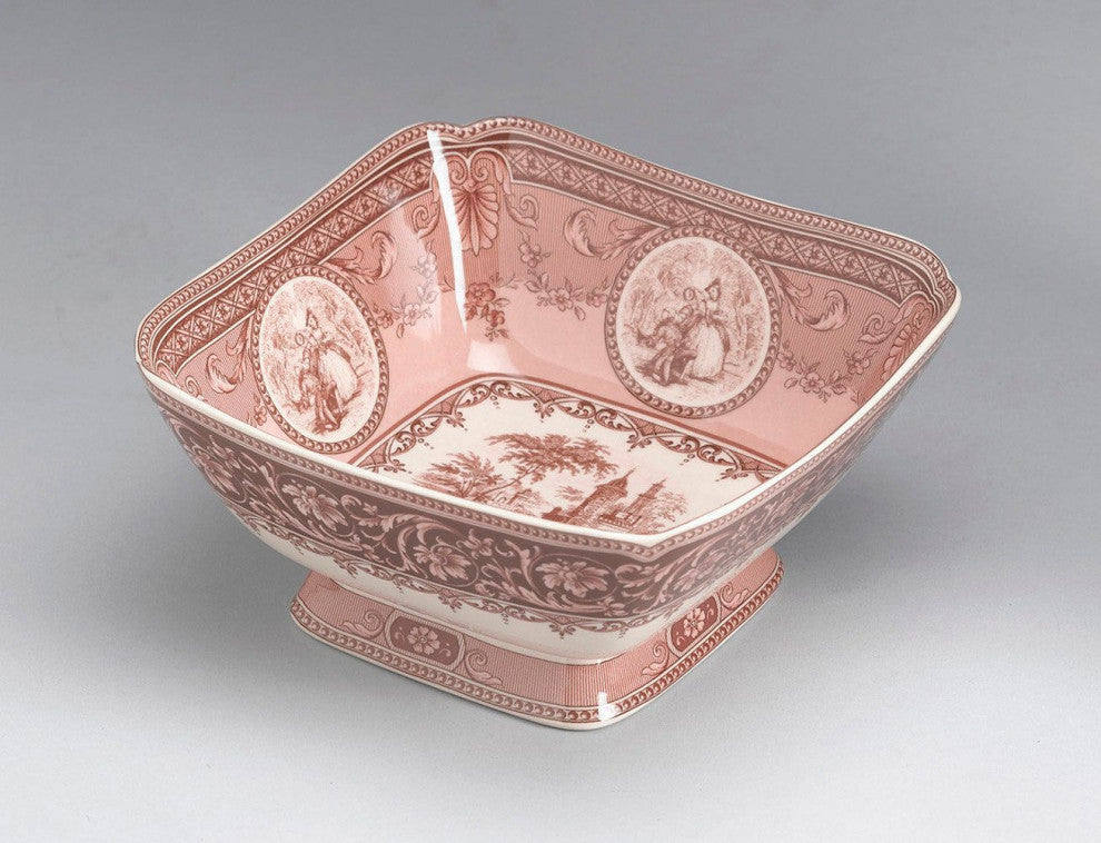 Nathaly Porcelain Scene Square Serving Bowl, Dark Red