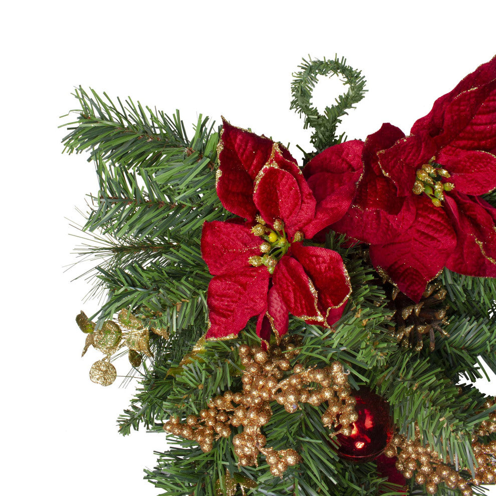 28" Pine with Red Balls Poinsettias Gold Pine Cones and Berries Teardrop Swag