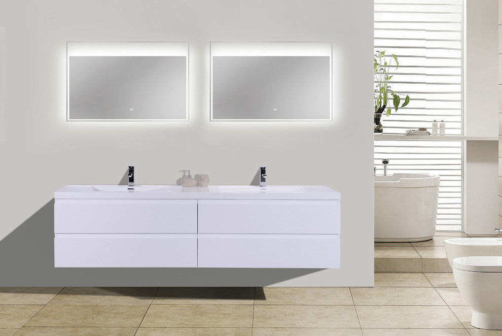 MOB 72" Double Sink Wall Mounted Vanity With Acrylic Sink, High Gloss White