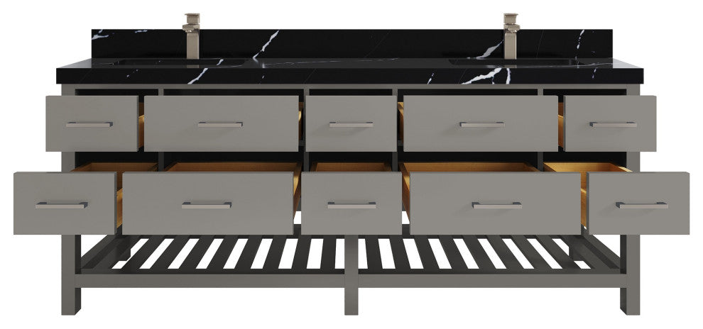 Parker 84" Double Sink Bath Vanity, Elephant Skin Gray 2" Calacatta Black