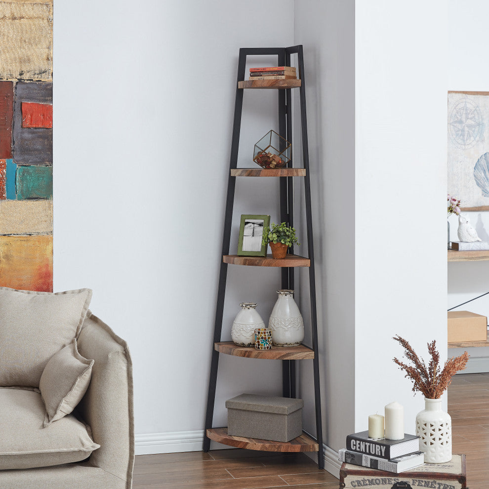 Danya B. Free-Standing 5-Tier Pyramid Corner Shelf, Brown