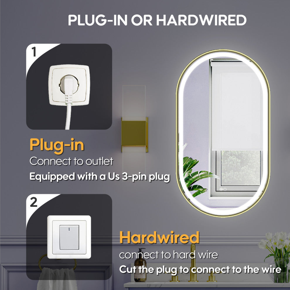 Oval LED Bathroom Vanity Mirror, Defogger and Dimmer, ETL-listed, Brushed Gold, 20"x36"