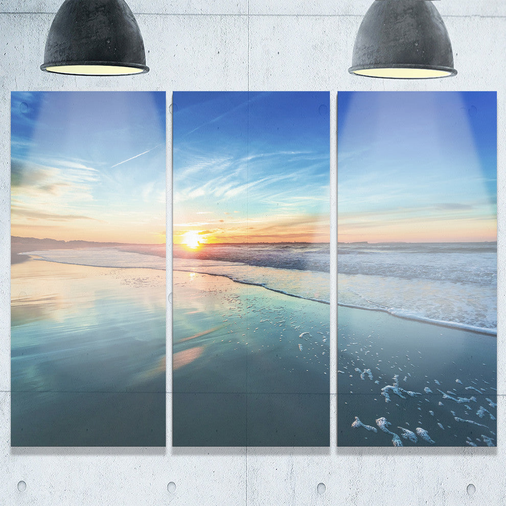 "Blue Seashore With Distant Sunset" Metal Wall Art, 3 Panels, 36"x28"