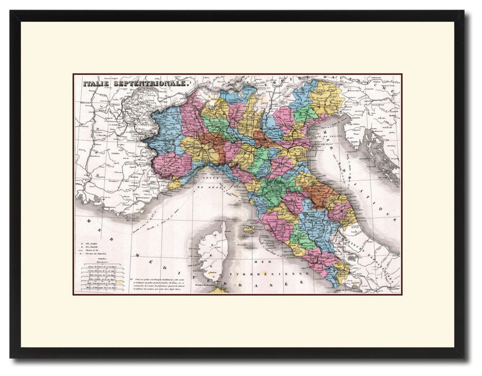 North Italy Vintage Map Print On Canvas With Picture Frame 16" X 21"