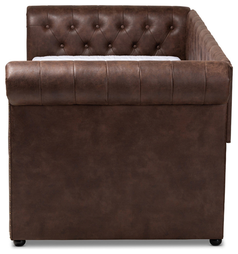 Brown Faux Leather Upholstered Daybed With Trundle