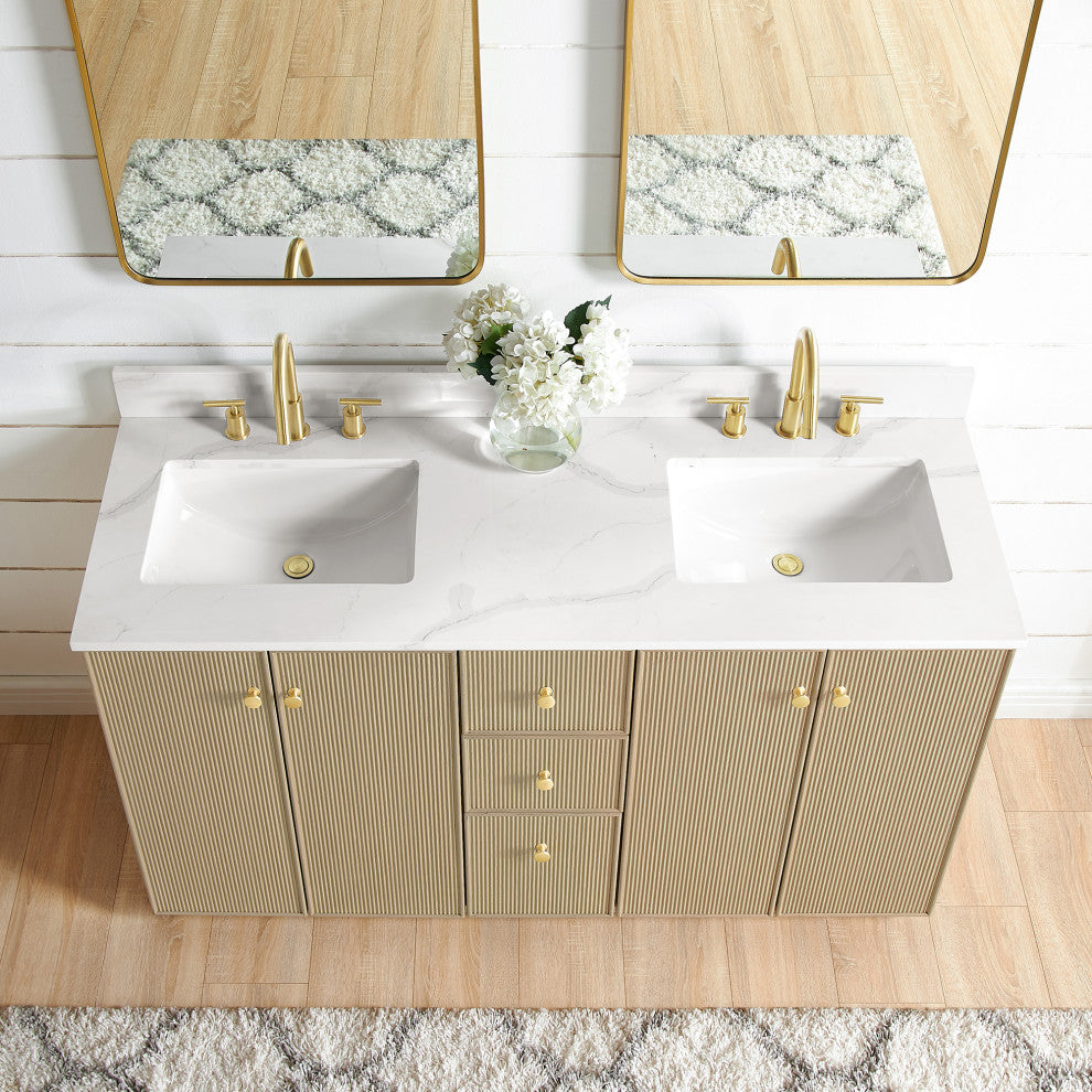 Oza Bath Vanity with Quartz Stone Top, Aged Natural Oak, 60", Double Vanity, No Mirror