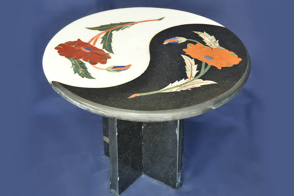 Floral Black and White Marble Inlay Table