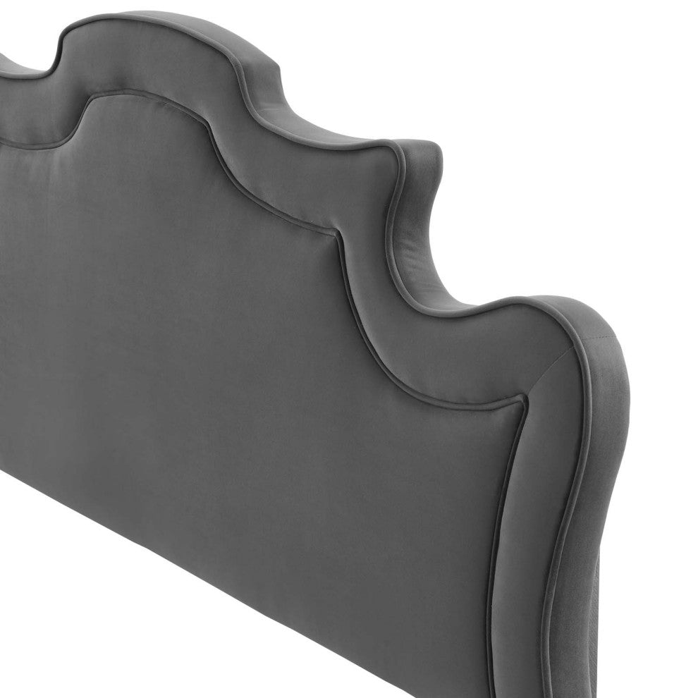 Headboard, King California, Charcoal Gray, Velvet, French, Mid Century