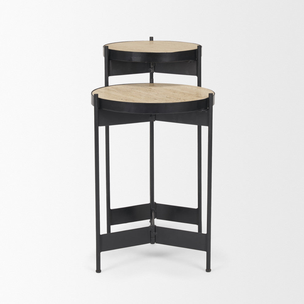 Wade Travertine Marble With Matte Black Metal End Tables