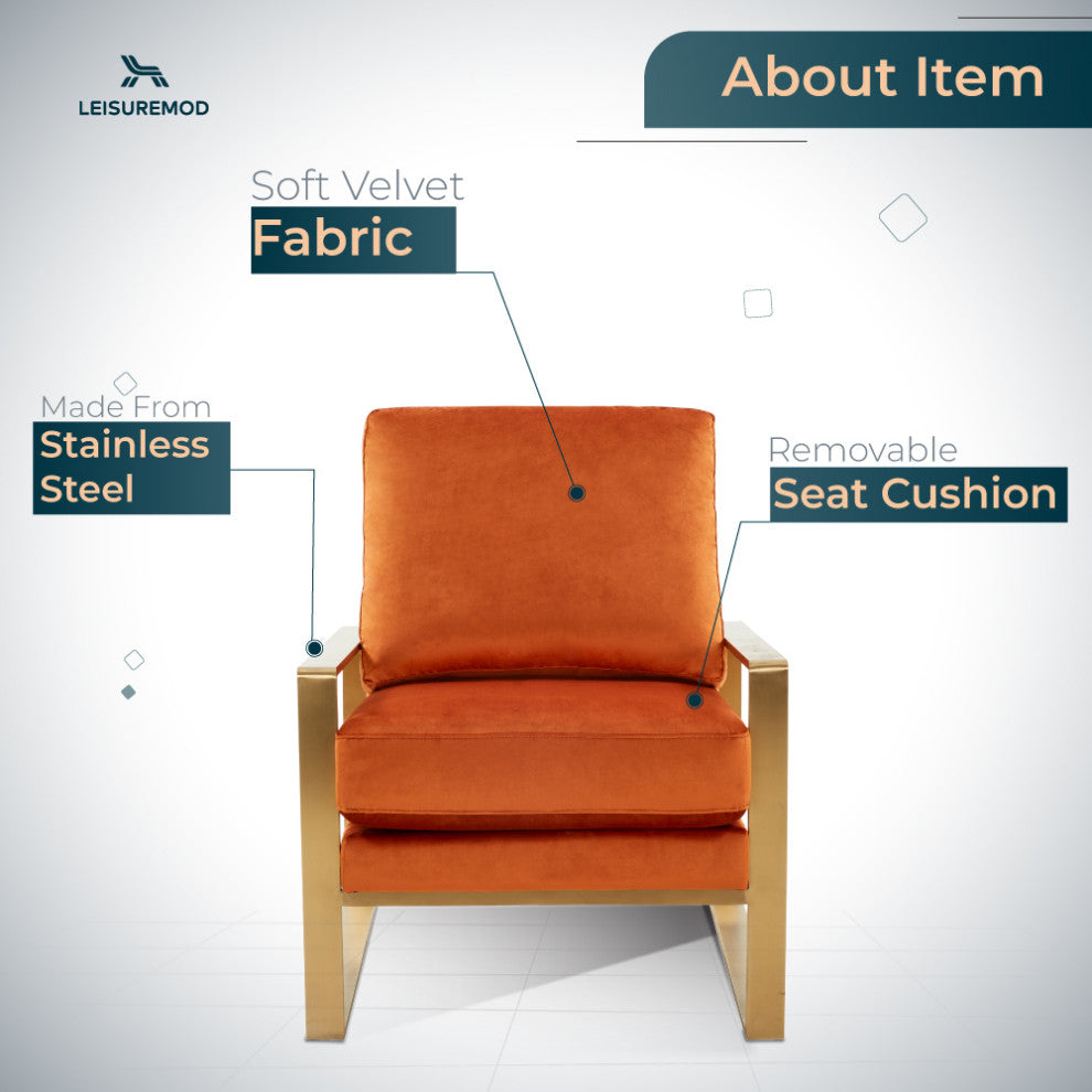 LeisureMod Jefferson Velvet Accent Armchair With Gold Frame, Orange Marmalade