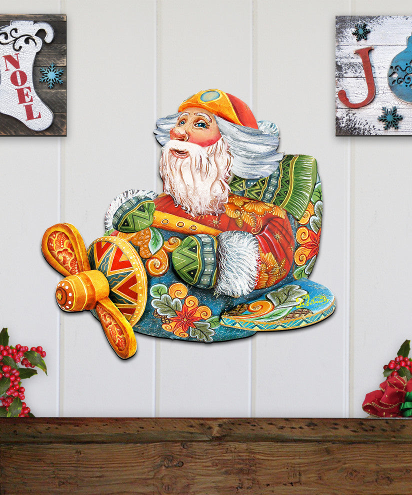 Aviator Santa, Wooden Decorative Holiday Door Hanger
