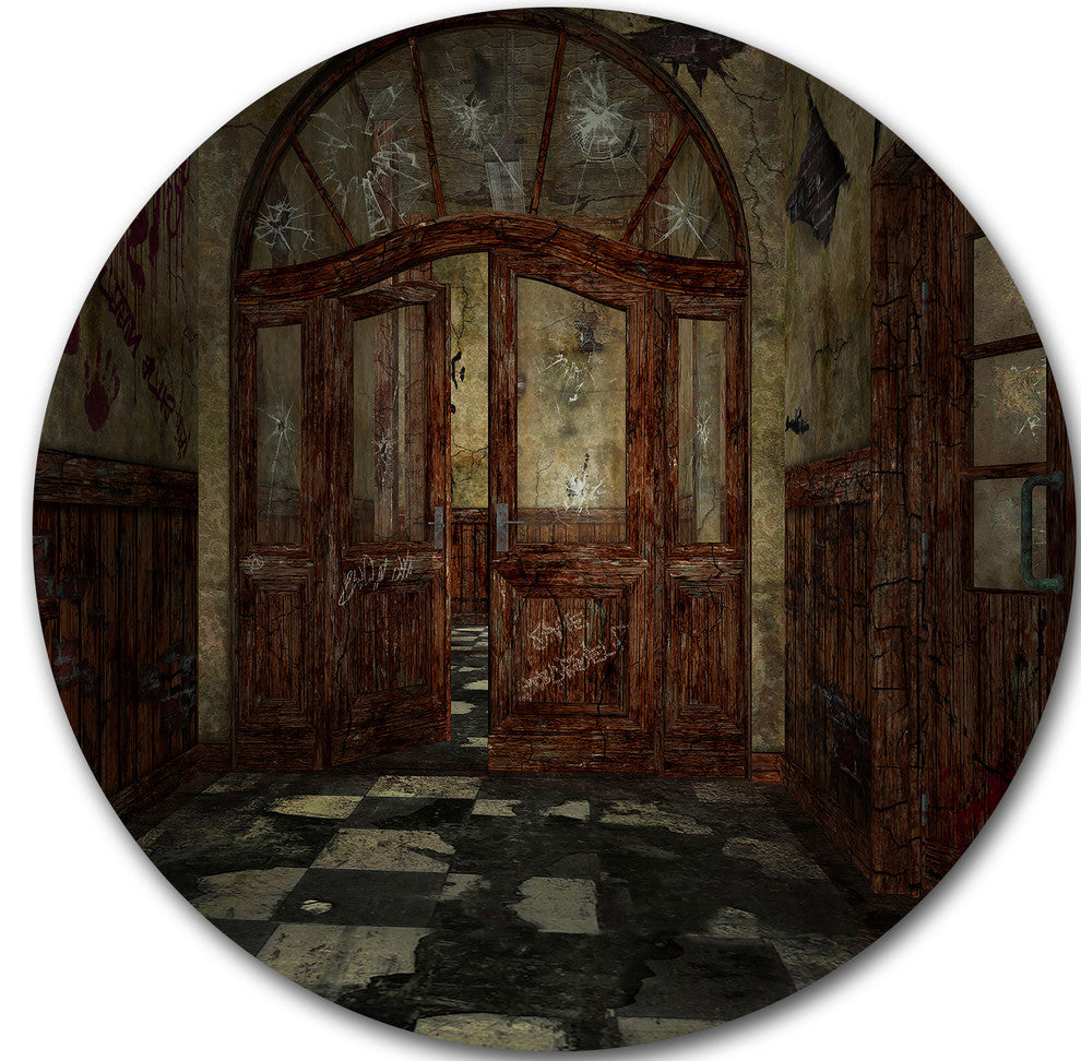 Abandoned Interior, Landscape Painting Round Metal Wall Art, 11"