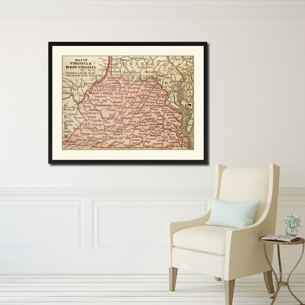 Virginia, West Virginia Vintage Map Print On Canvas With Picture Frame 16" X 21"
