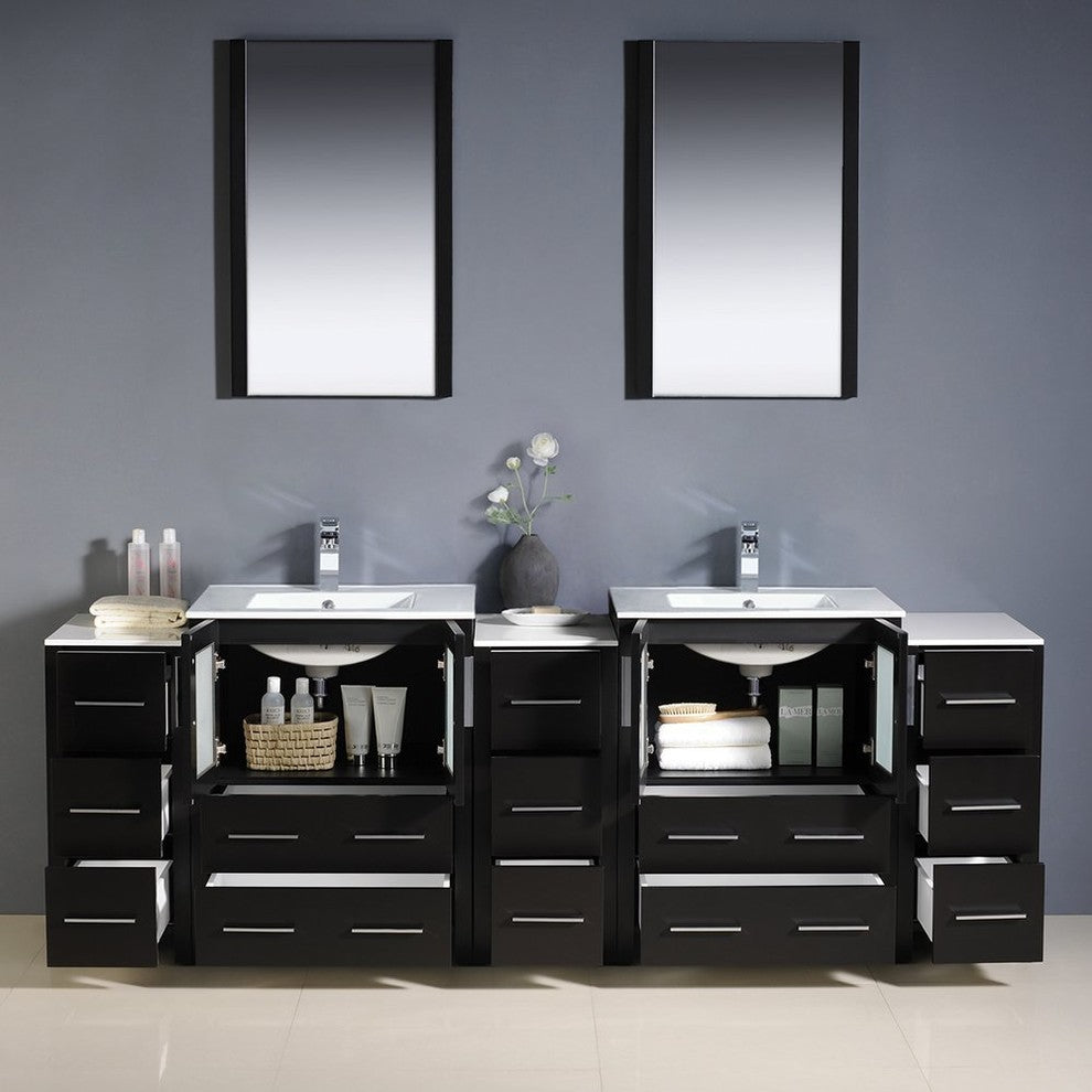 Torino 84" Espresso Modern Double Sink Bathroom Vanity, Faucet FFT3071BN