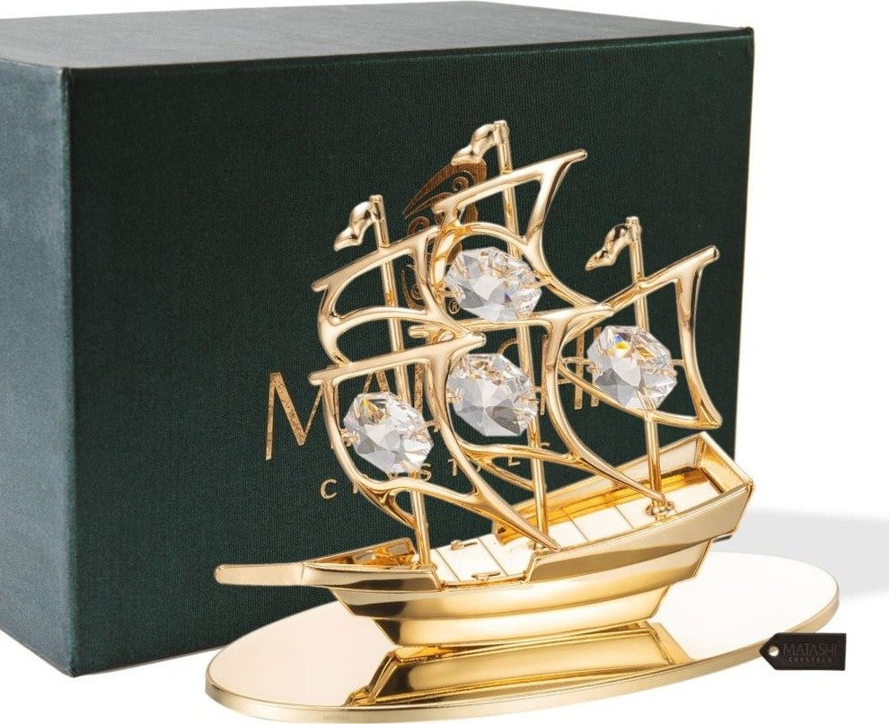 24K Gold Plated Crystal Studded Mayflower Sailing Ship Ornament