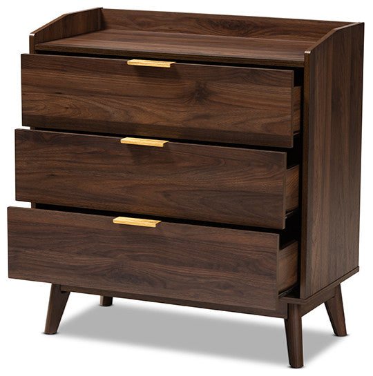 Baxton Studio Lena Mid-Century Modern Walnut Browned 3-Drawer Wood Chest