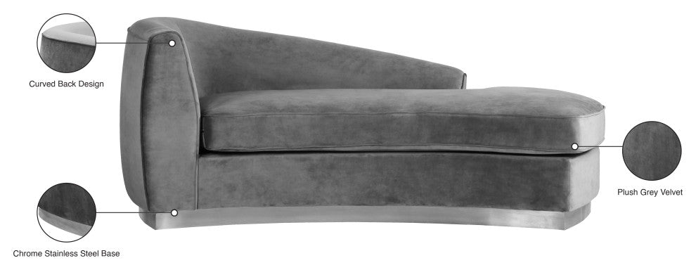 Julian Velvet Upholstered Chaise, Gray, Chrome Base