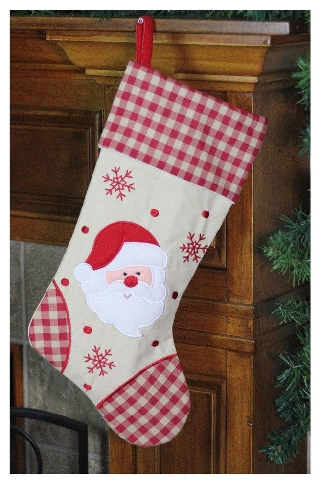 19" Burlap Embroidered Santa Claus Christmas Stocking With Red Gingham Cuff