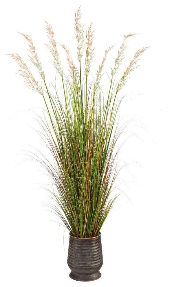 6' Grass Artificial Plant, Ribbed Metal Planter