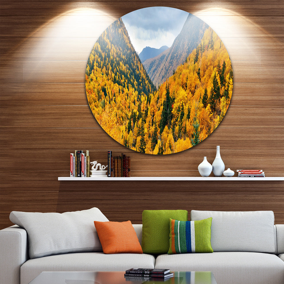 Yellow Autumn Foliage Over Hills, Landscape Disc Metal Wall Art, 23"