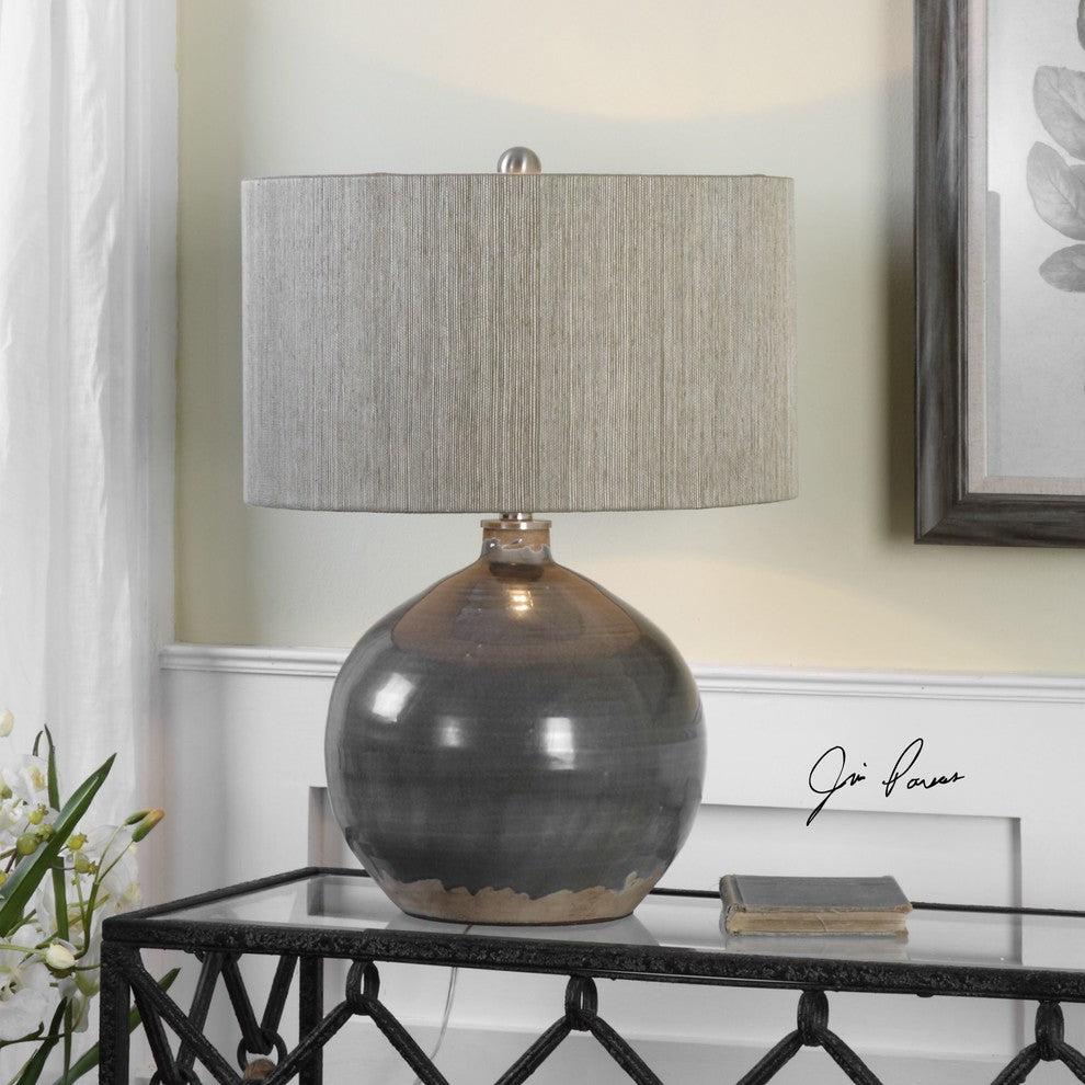 Elegant Fat Charcoal Gray Brown Table Lamp, Round Sphere Earth Tones