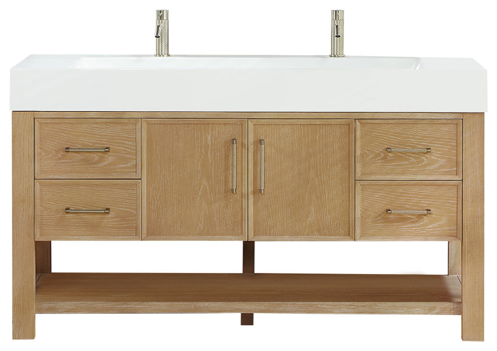 Vera Bath Vanity with Stone Top, Washed Ash Grey, 60", Single Vanity, No Mirror
