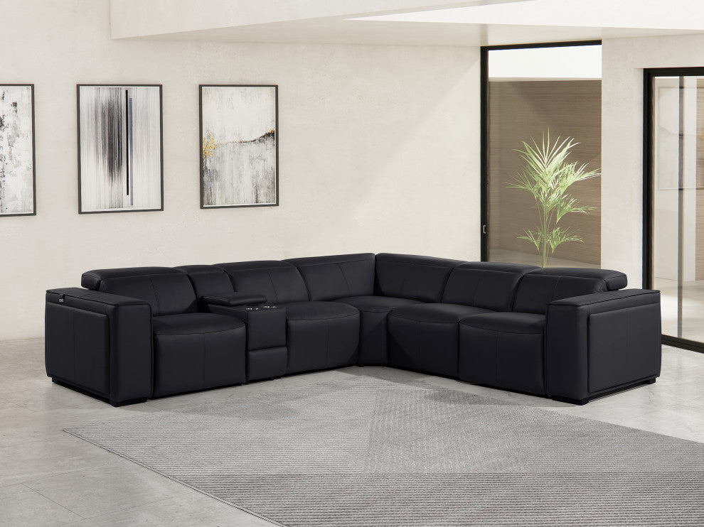 Niccolo Top Grain Italian Leather 6-Piece L-Shaped Power Reclining Sectional, Black
