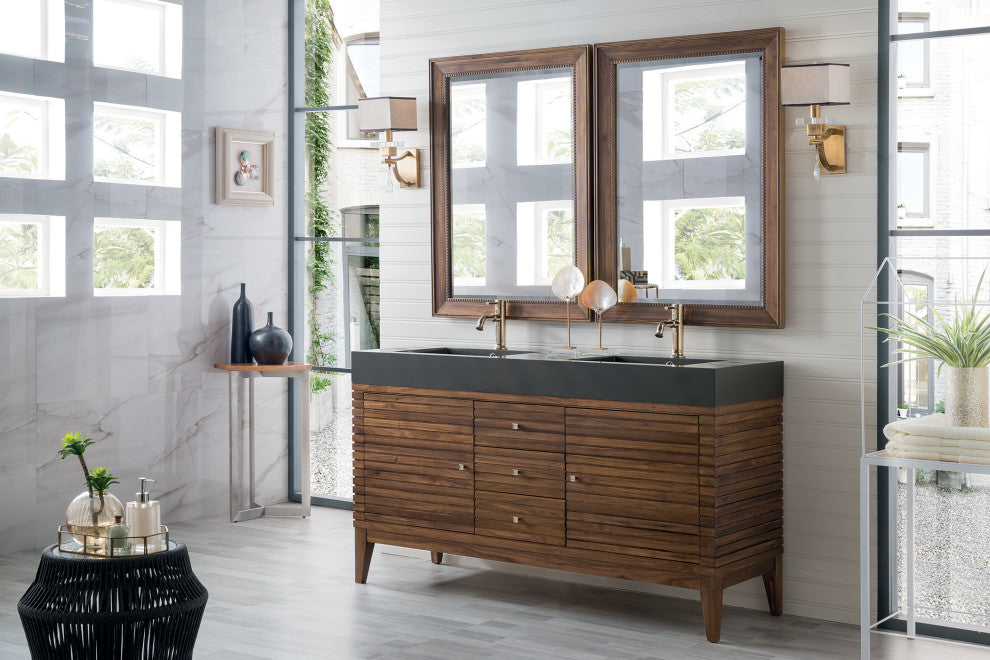 Linear 59" Double Vanity,Mid Century Walnut,Glossy Dark Gray Top,No Mirror