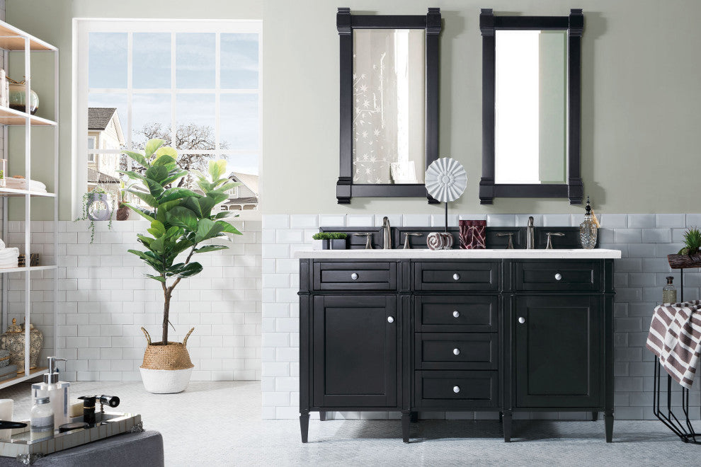 Brittany 60" Black Onyx Double Vanity, Arctic Fall Solid Surface