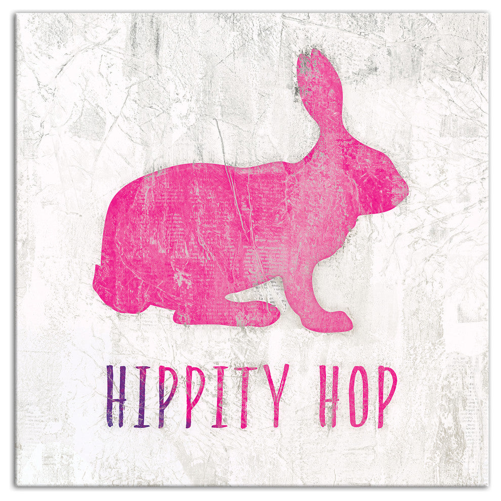 Hippity Hop Pink Easter Rabbit Canvas Wall Art, 16"x16"