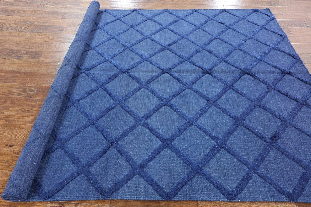 Geometric Wool Blue Moroccan Hand-Knotted Wool Rug, 6'x9'
