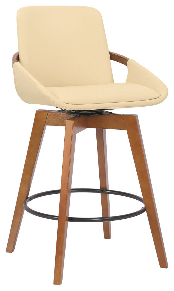 Baylor Swivel Wood Stool, Faux Leather, Cream/Walnut, 26" Counter Height