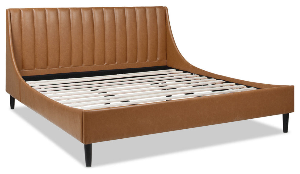 Aspen Modern Vertical Tufted Upholstered Platform Bed, Caramel Tan Brown Faux Leather, King