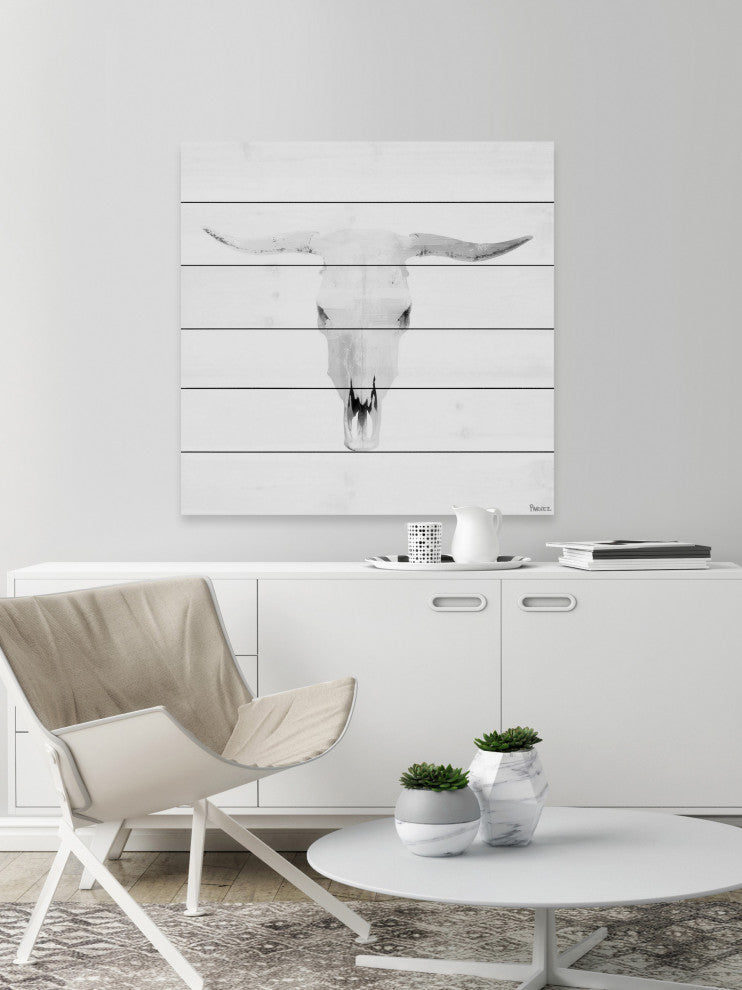 "Boho Skull Grey" Print on White Wood, 40"x40"