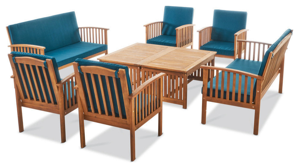 GDF Studio 8-Piece Cape Town Outdoor Acacia Wood Sofa Set, Dark Teal