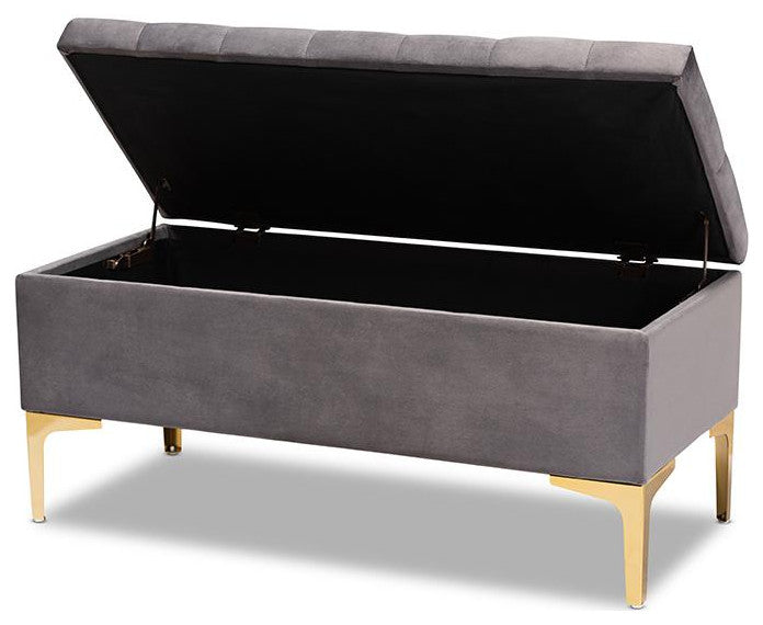 Grey Velvet Fabric Upholstered Gold Finished Button Tufted Storage Ottoman