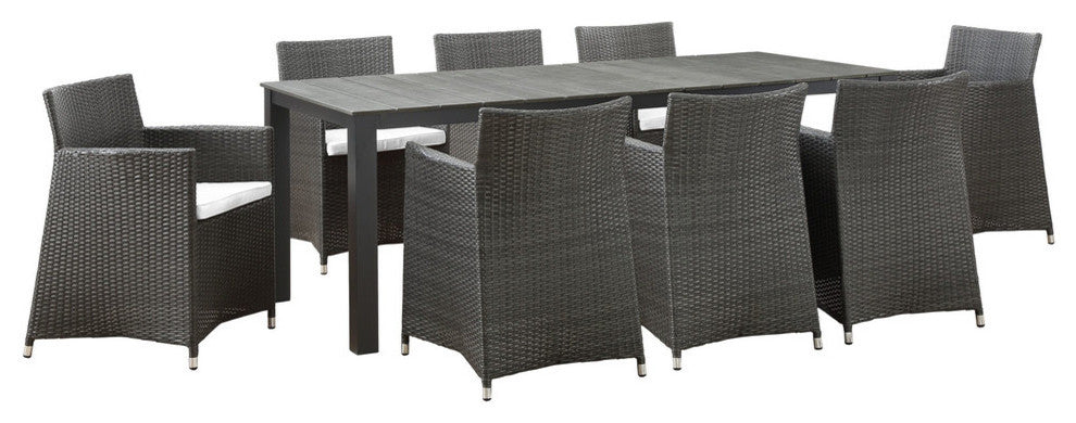 Modern Urban Contemporary Set of 9 Outdoor Patio Dining Set, Brown White Plastic